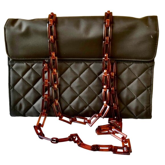 Vintage Brown Quilted Nylon Shoulder Handbag Plastic Chain Handles New - Picture 4 of 13